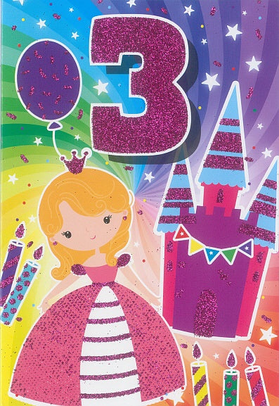 3yr Glittery Princess Birthday Card