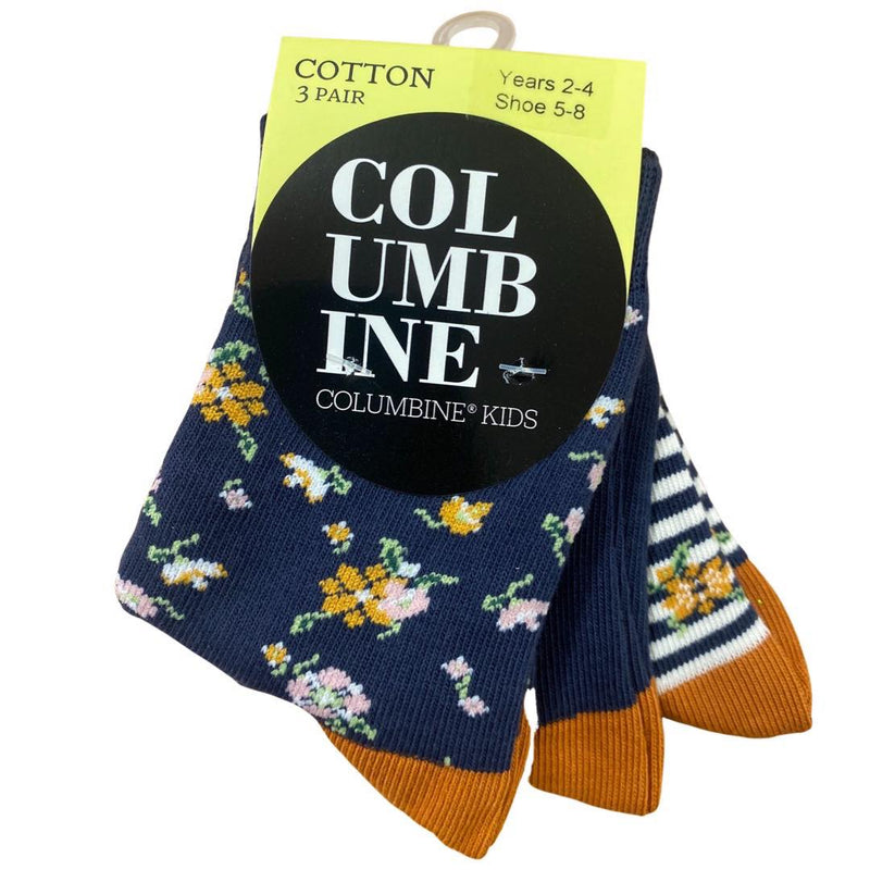 Columbine | Girls Navy Floral 3pk Cotton Socks