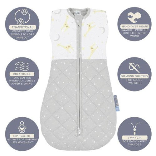 Living Textiles | Smart Sleep Zip Up Transitional Swaddle - 2.5Tog Stage 1 Grey 4-12 months