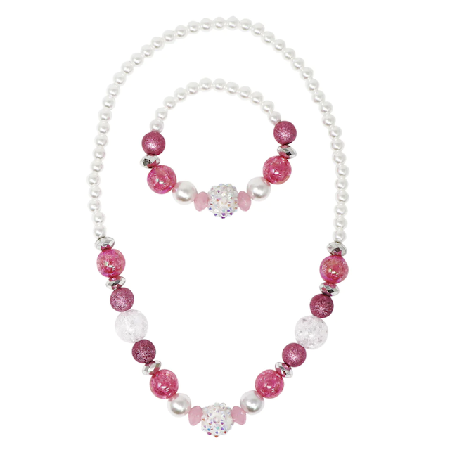 Pink Poppy - Necklace & Bracelet Set: Sparkly Pink & Pearl Beaded