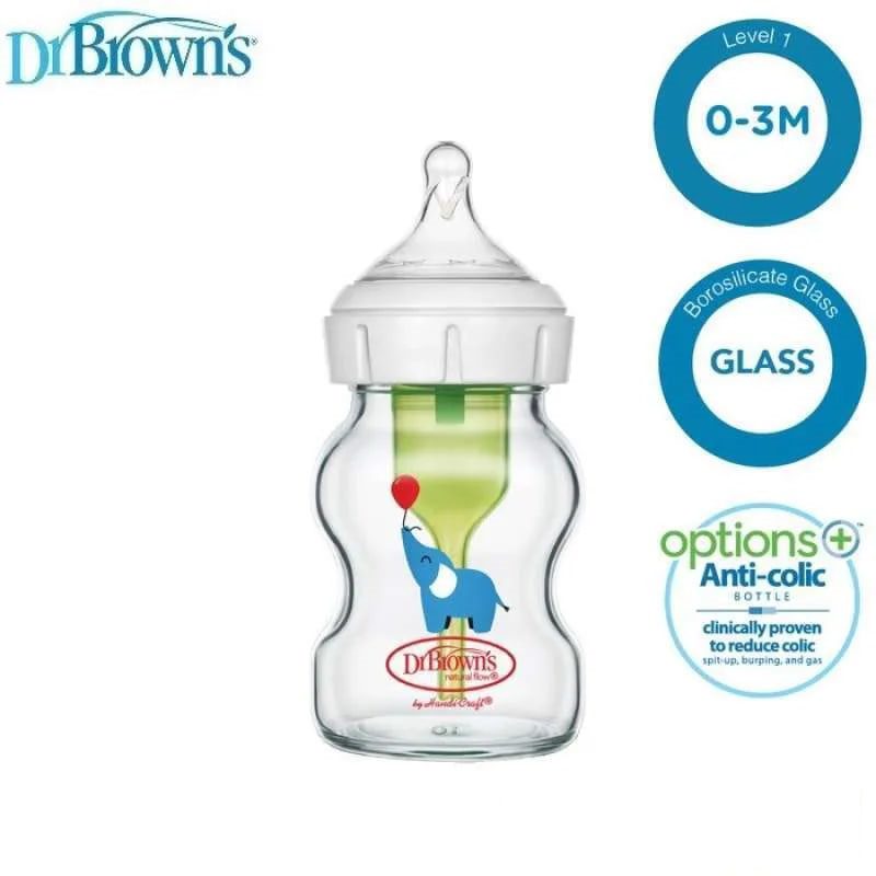 Dr Brown's 150Ml  Options+ Anti-Colic Bottle - Elephant Deco - Glass