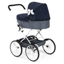 Bayer Classic Doll Pram Kids Stroller Dark Blue & Denim with White Bow