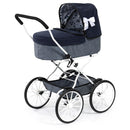 Bayer Classic Doll Pram Kids Stroller Dark Blue & Denim with White Bow
