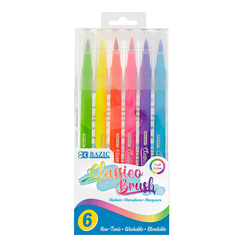 BAZIC 6 Colours Fluorescent Classic Brush Markers