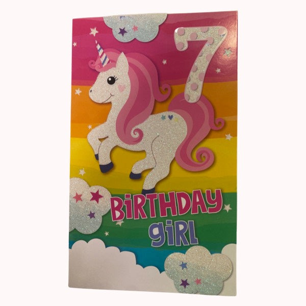 7 Birthday Girl card - Shiny Unicorn