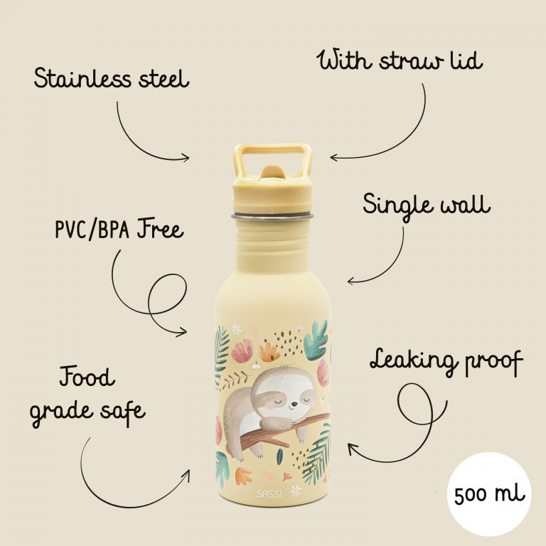 Sassi Stainless Steel Drink Bottle (Gnawy the Sloth) - 500mL