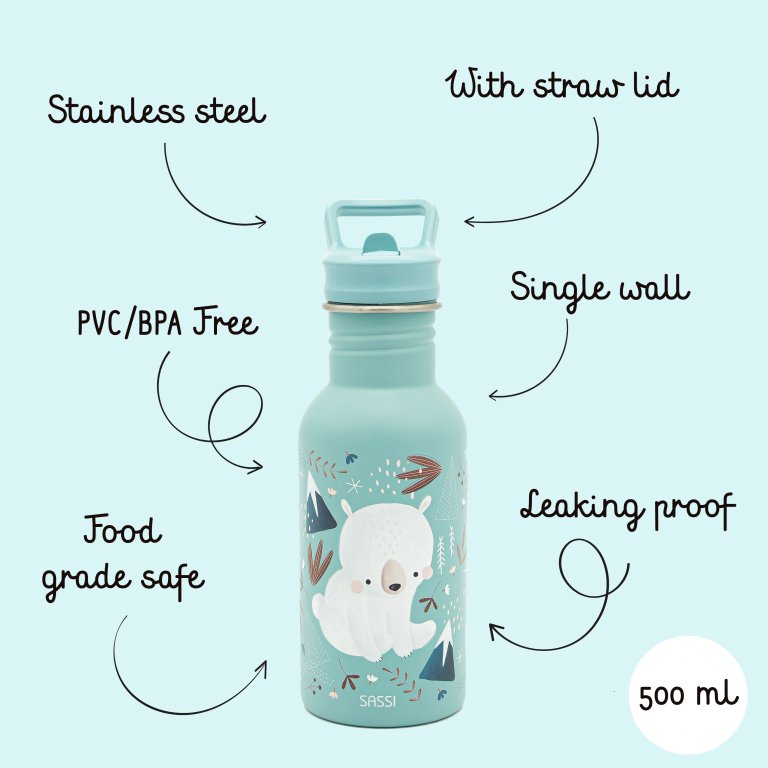 Sassi Stainless Steel Drink Bottle (Munchy the Bear) - 500mL