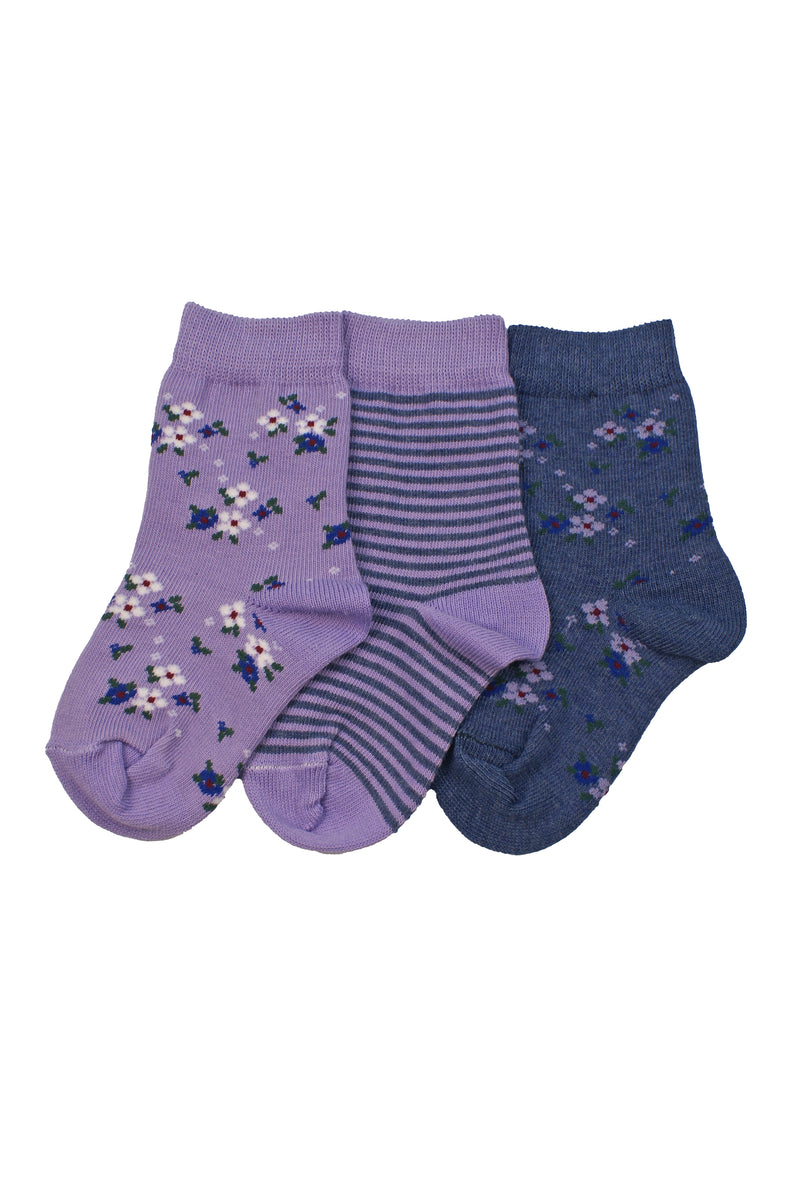 Columbine | 3 Pk cotton socks- Floral Lilac/Navy