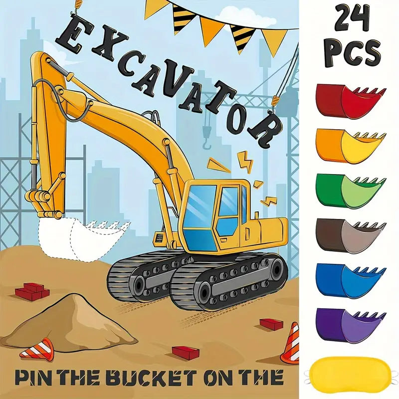 Construction Party Game - 24pcs Pin the Bucket on The Excavator Game Set
