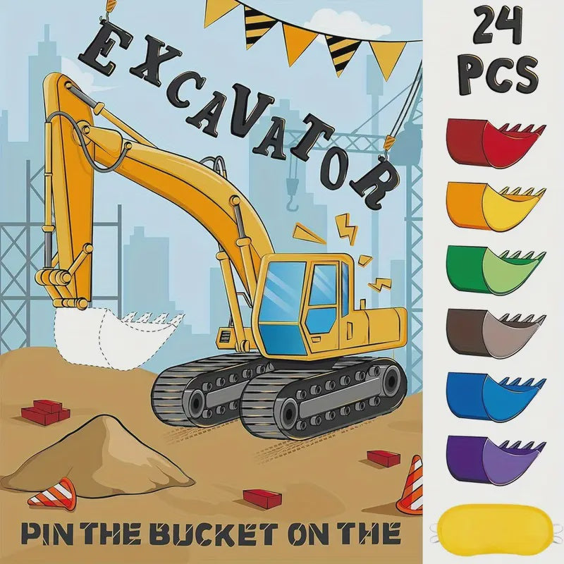 Construction Party Game - 24pcs Pin the Bucket on The Excavator Game Set