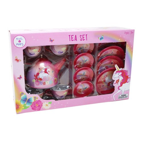 Pink Poppy Unicorn Butterfly Kids Play Pretend Tin Tea Set