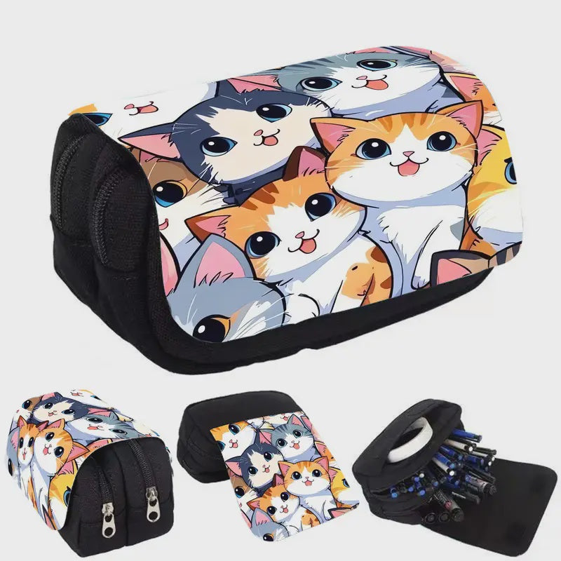 Whimsical Cat Print Double-Layer Pencil Case