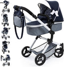 Bayer Classic Doll Pram Kids Stroller Dark Blue & Denim with White Bow