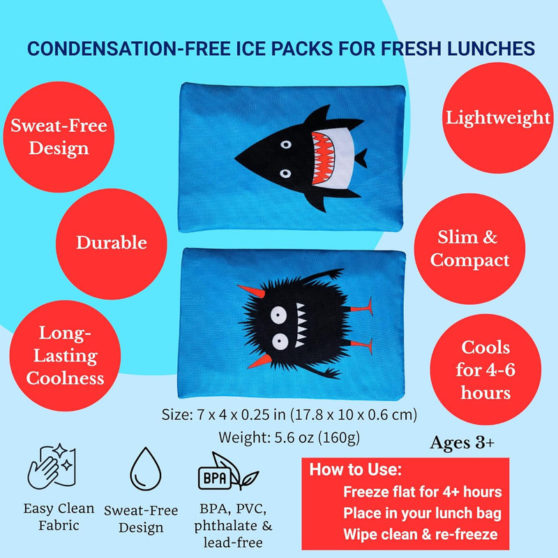 Yumbox Soft Gel Ice Packs with Insulated Fabric Sleeves –Monster & Shark- 2 Pack