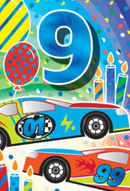 Party Age | Colourful Vehicle Boys 9 year old Birthday card