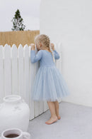 Confetti Kidz | Dusty Blue Dots - Long Sleeve Tulle Dress