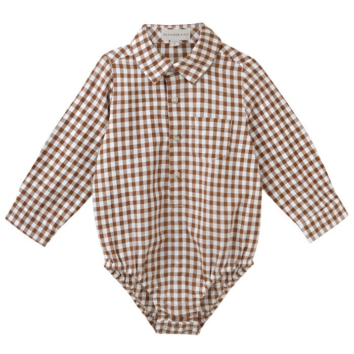 DESIGNER KIDZ | OLIVER L/S BUTTON ROMPER - COCOA GINGHAM