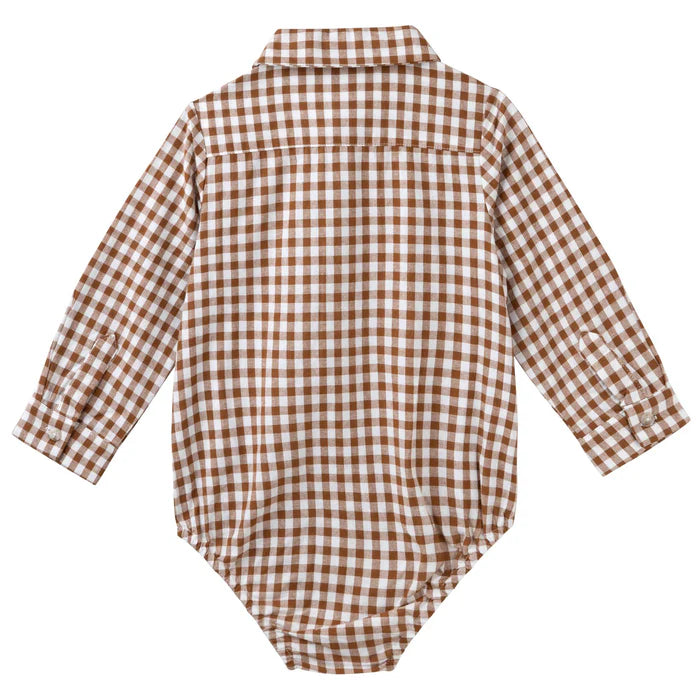 DESIGNER KIDZ | OLIVER L/S BUTTON ROMPER - COCOA GINGHAM