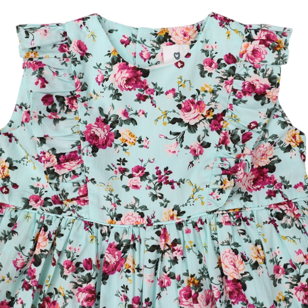 Korango | Hand Smocked Floral Dress-Aqua