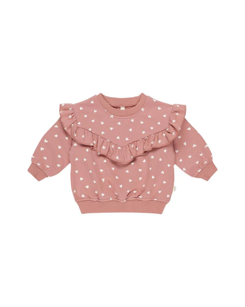 Quincy Mae | Ruffled Sweatshirt- Lipstick Hearts