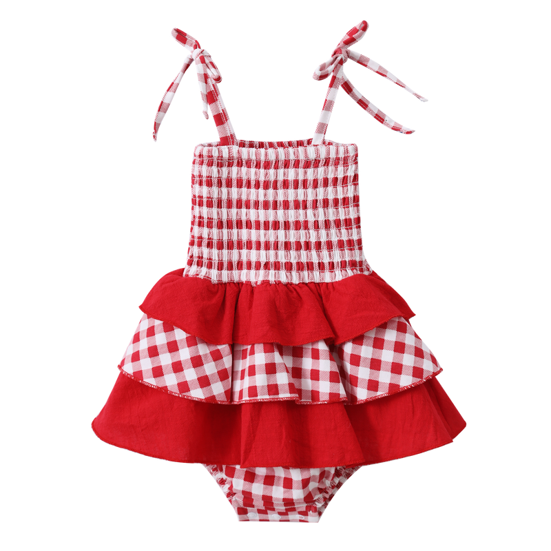 Cracked Soda |  Poppy Check Ruched Summer Layered Dress red 000-2