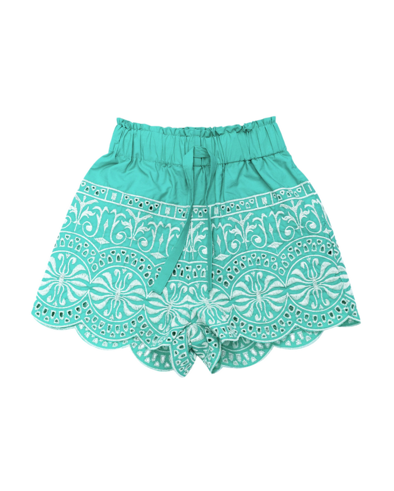 THE GIRL CLUB | Teal Border Embroidery Shorts