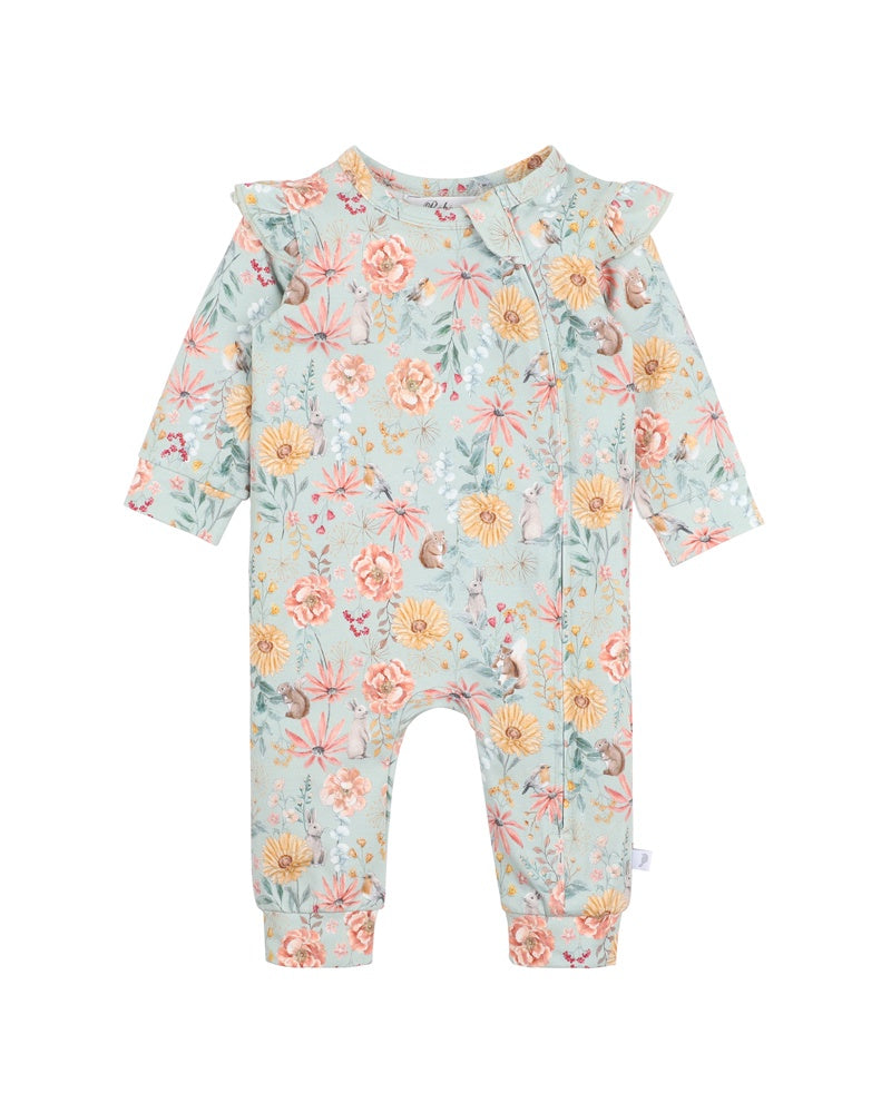 Bébé | 100% Cotton Olive Print L/S Zip Romper