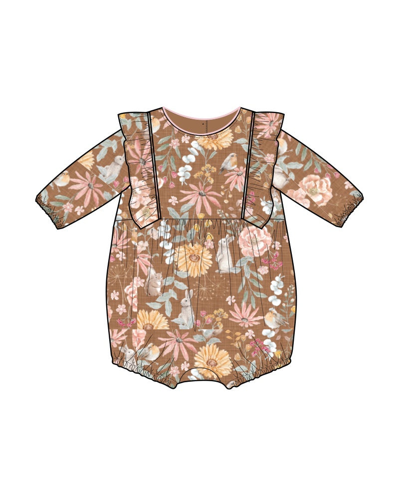 Bébé | 100% Cotton Olive Brown Print L/S Romper