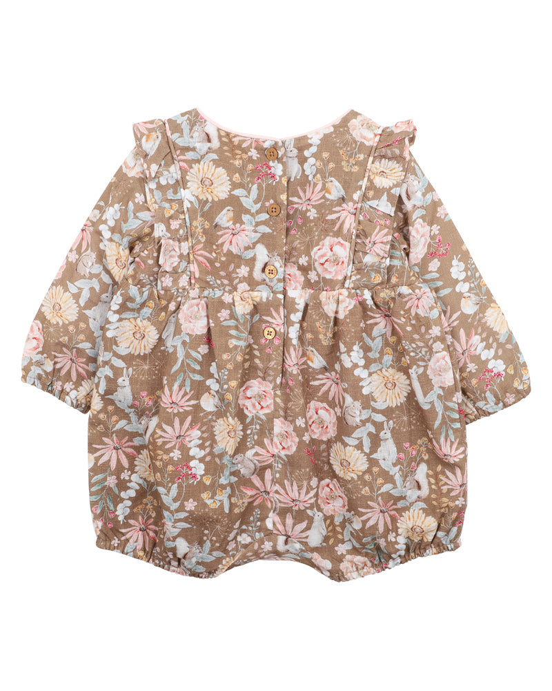 Bébé | 100% Cotton Olive Brown Print L/S Romper