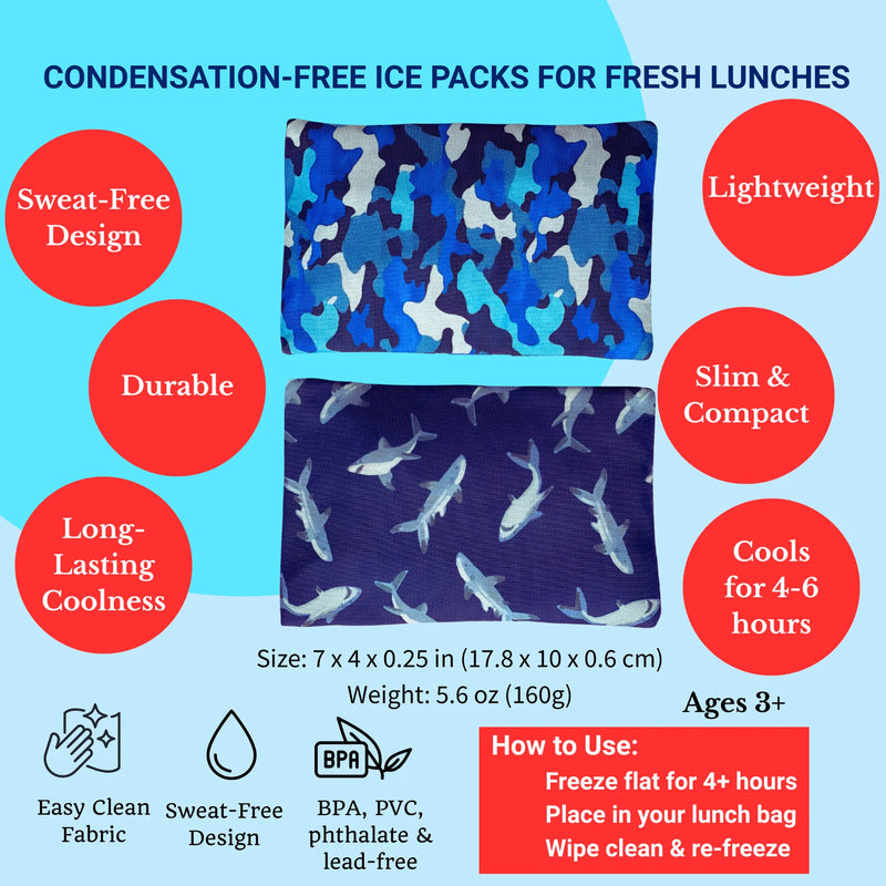 Gel Ice Packs in Fabric Sleeves 2-Pack - Sharks & Camouflage
