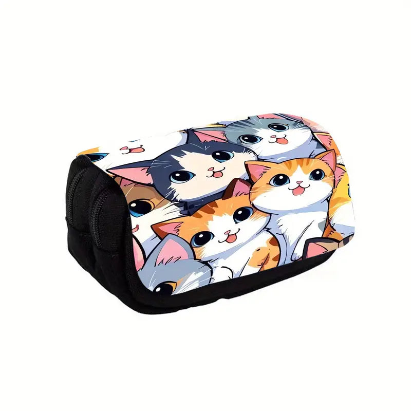 Whimsical Cat Print Double-Layer Pencil Case