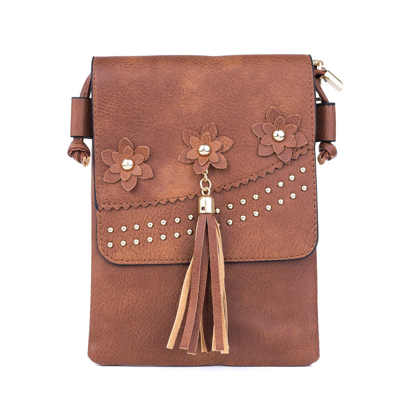 Caramel Flower Studded Crossbody Bag