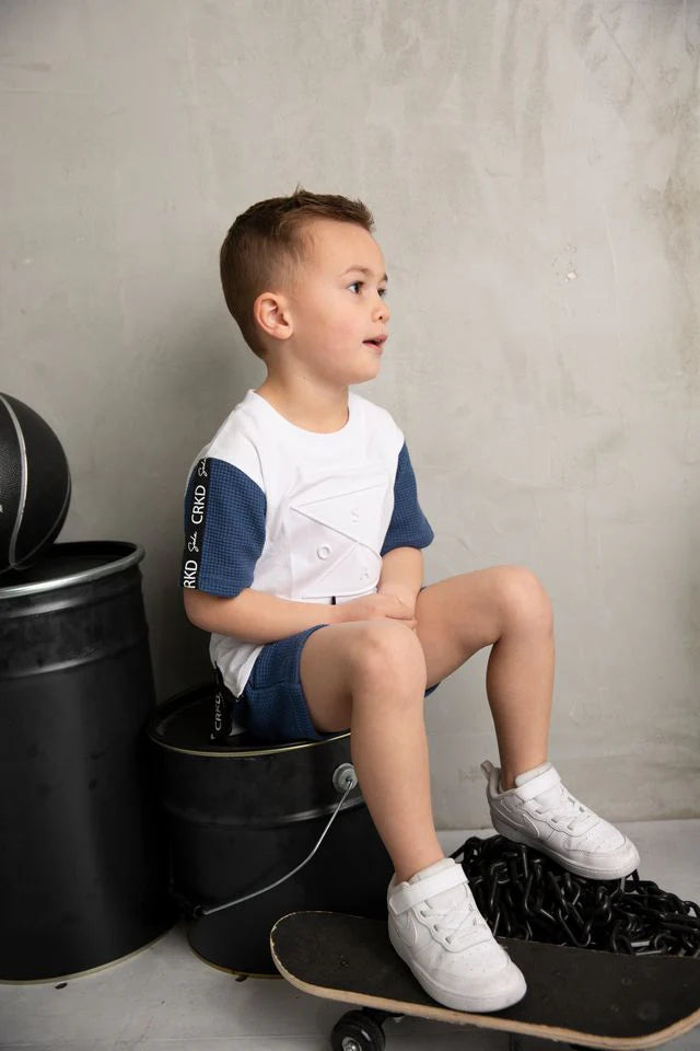 Cracked Soda | Bentley Embossed Tee - White /Denim blue - Baby boys