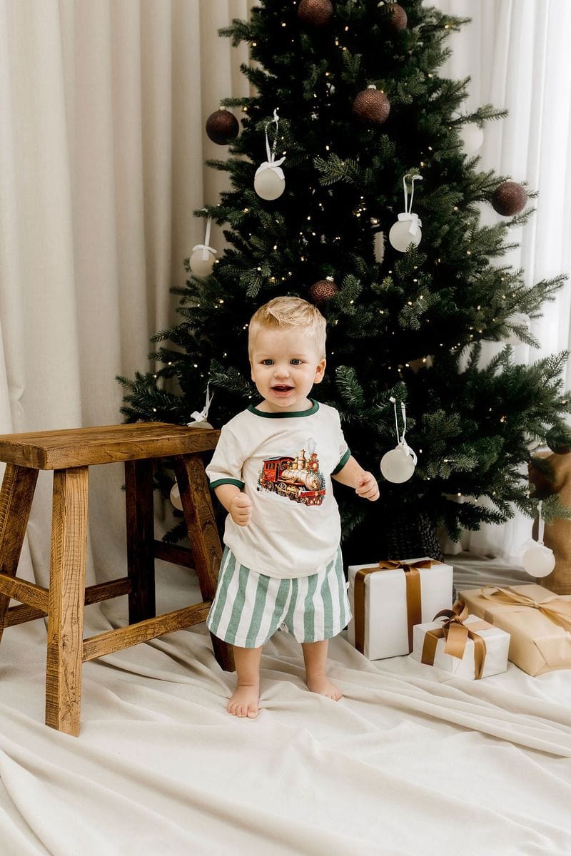 Confetti Kidz | Classic Green Stripe Linen Shorts