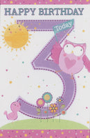 Elegance | Happy Birthday 3 Today - Girl Card (Owl)