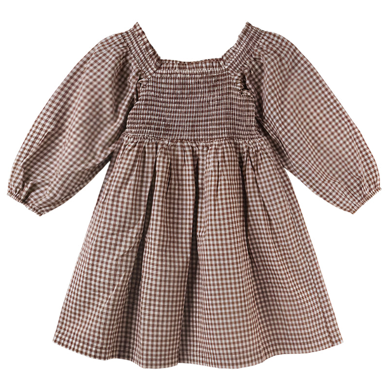 Designer Kidz | Lily L/S Puff Sleeve Dress - Choc Gingham