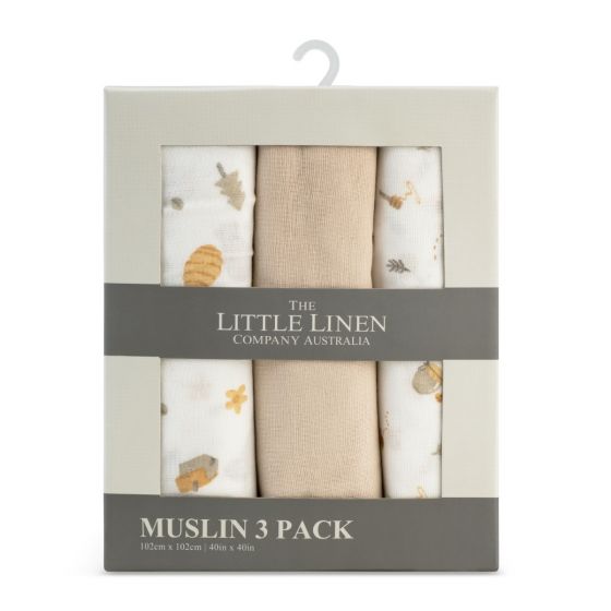 LITTLE LINEN MUSLIN 3PK - NECTAR BEAR