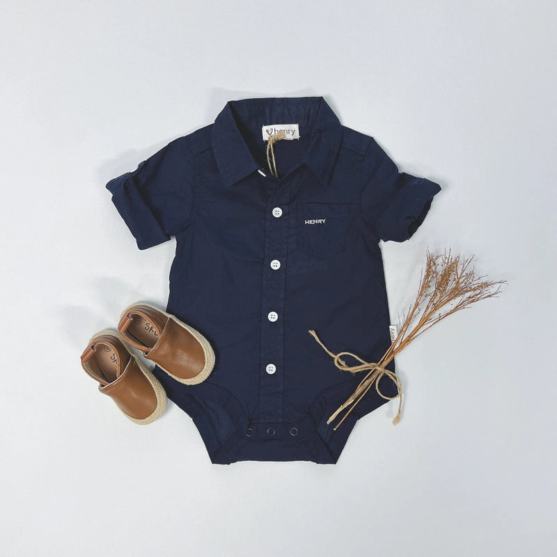 Love Henry | Baby Boys Dress Shirt Romper - Navy
