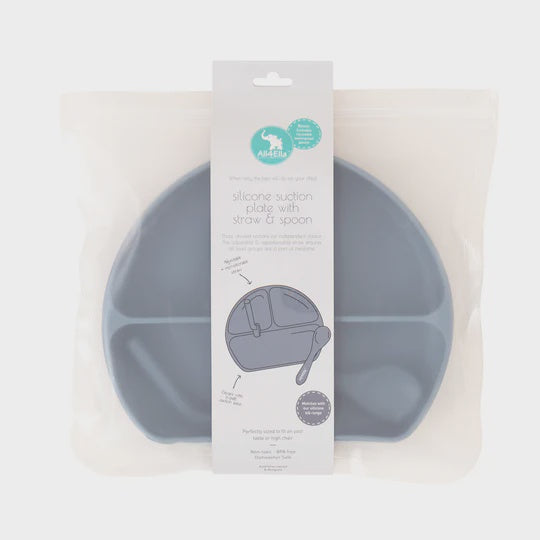 All4Ella | Silicone Plate with Straw & Spoon - Slate Blue
