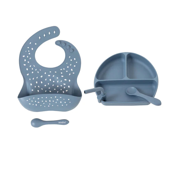 All4Ella | Silicone Plate with Straw & Spoon - Slate Blue
