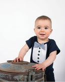 ARTHUR AVENUE | Denim Stripe Bowtie Onesie RRP $49.99
