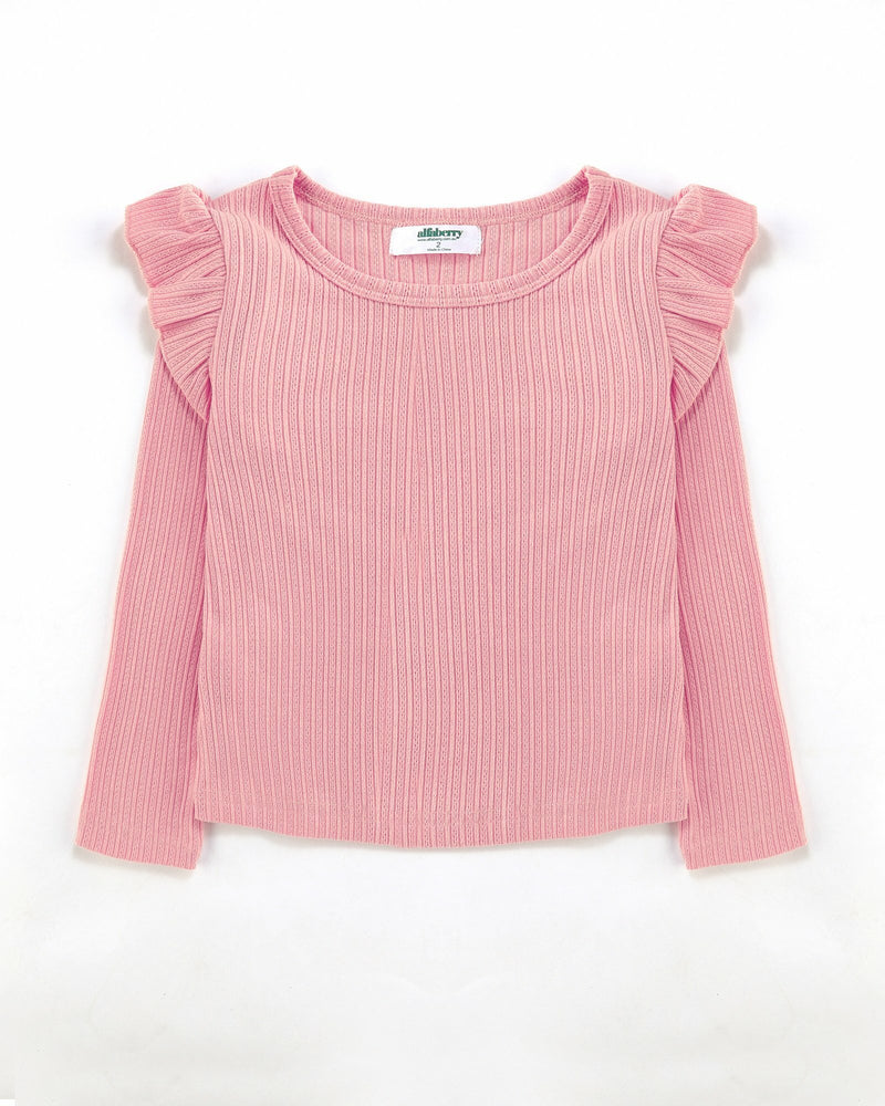 FLUTTER LONG SLEEVE TOP RIBBED IN PINK | Alfaberry - W20