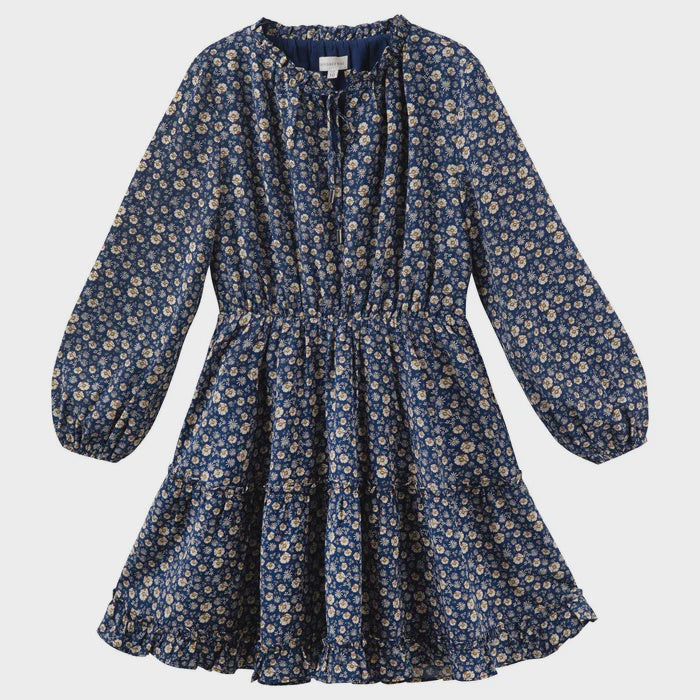 Designer Kidz | Caitlin L/S Floral Frill  Dress - Navy