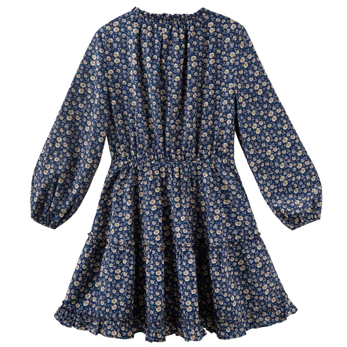 Designer Kidz | Caitlin L/S Floral Frill  Dress - Navy