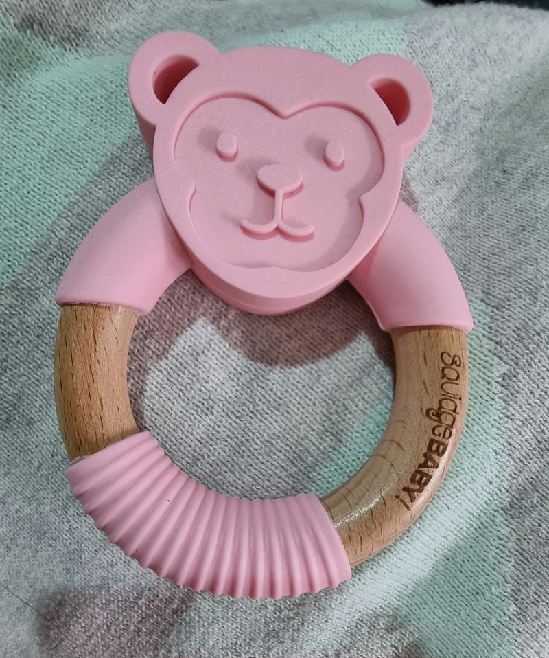 Wooden animal teething ring - Monkey Pink