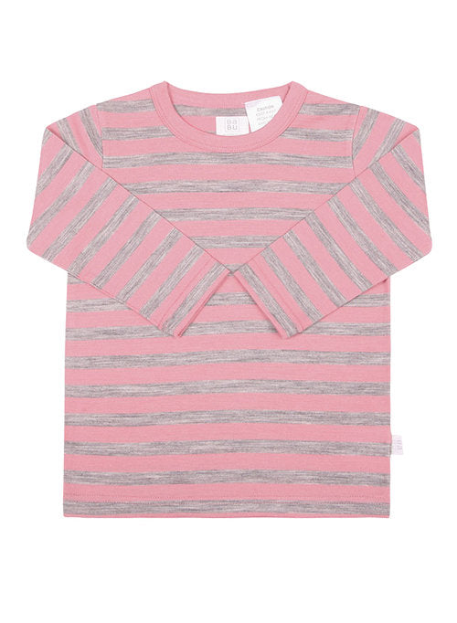 Babu Merino | Crew Neck Long Sleeve Tee Shirt Pink/Grey