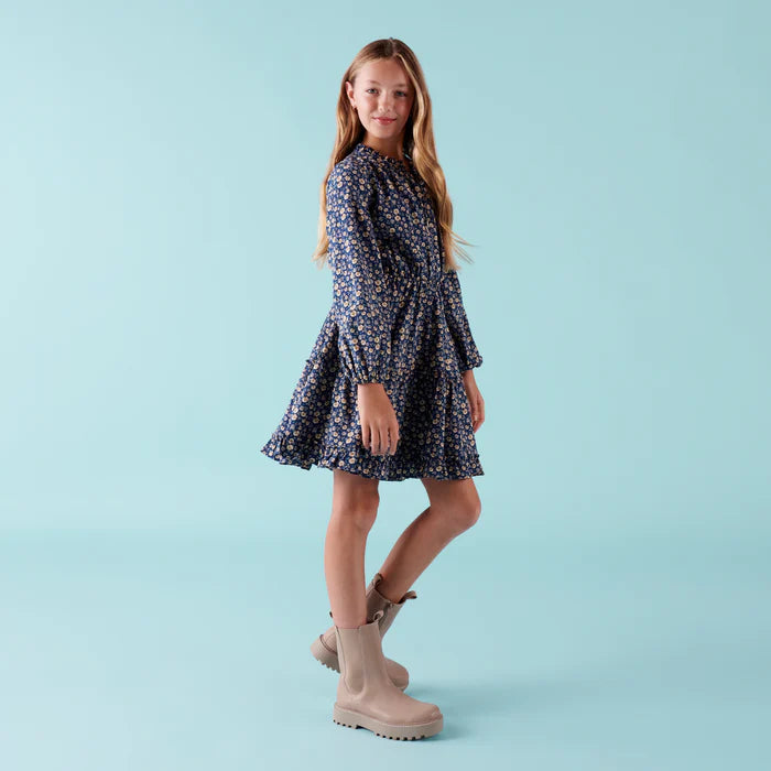 Designer Kidz | Caitlin L/S Floral Frill  Dress - Navy