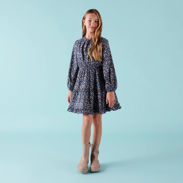 Designer Kidz | Caitlin L/S Floral Frill  Dress - Navy