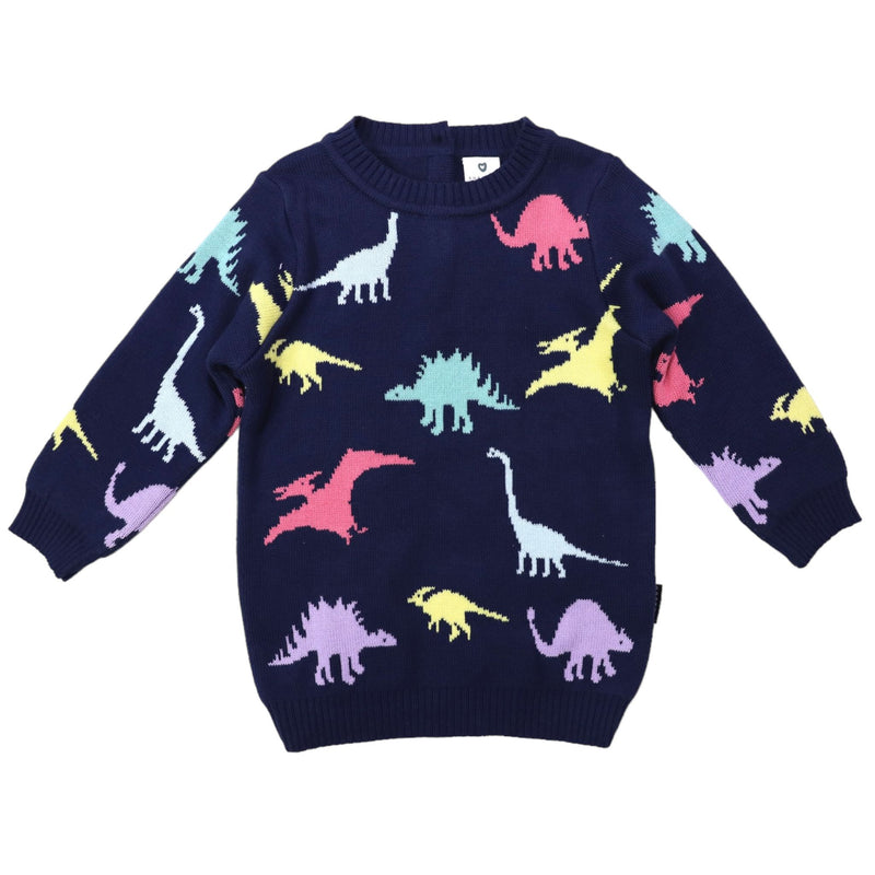 Korango | Girls Dinosaur Long Sweater Dress - Navy