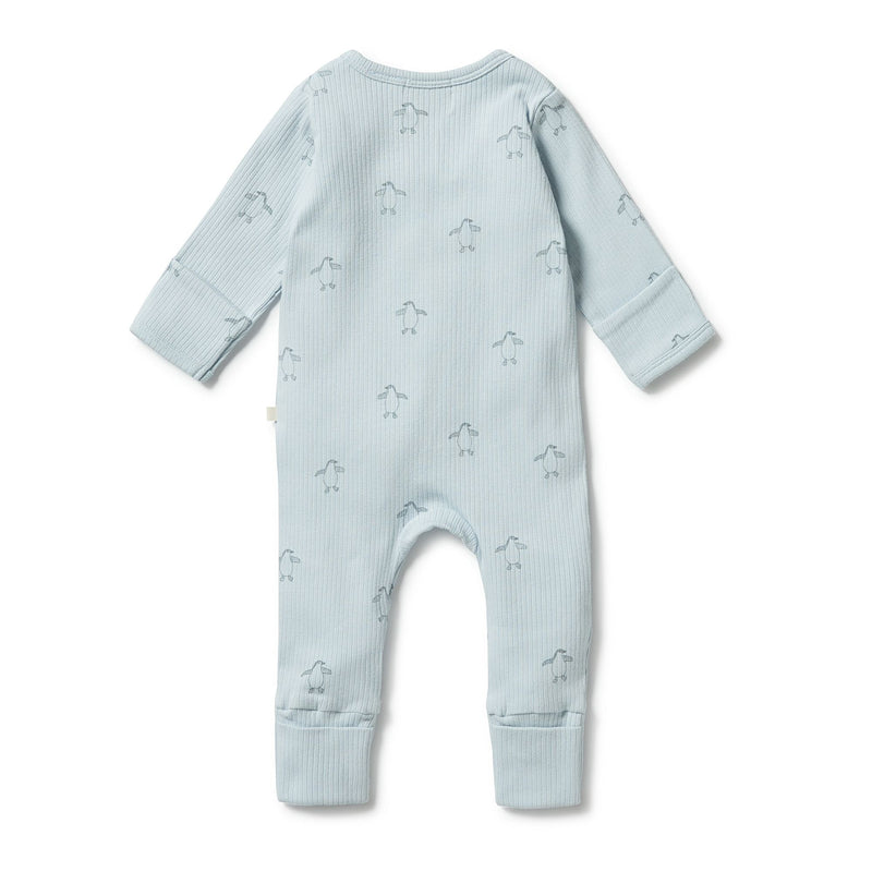 W&F | Organic Rib Footed Zipsuit - Blue Little Penguin